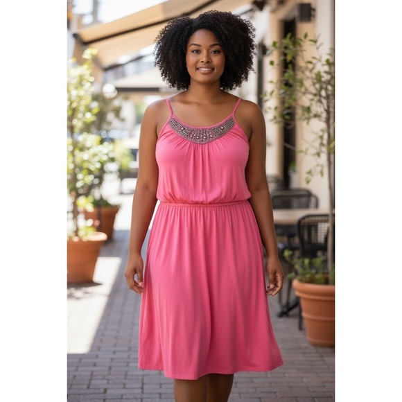 Lane Bryant Dresses & Skirts - Lane Bryant Pink Beaded Bib Neck Sleeveless Blouson Dress Plus Size 22/24